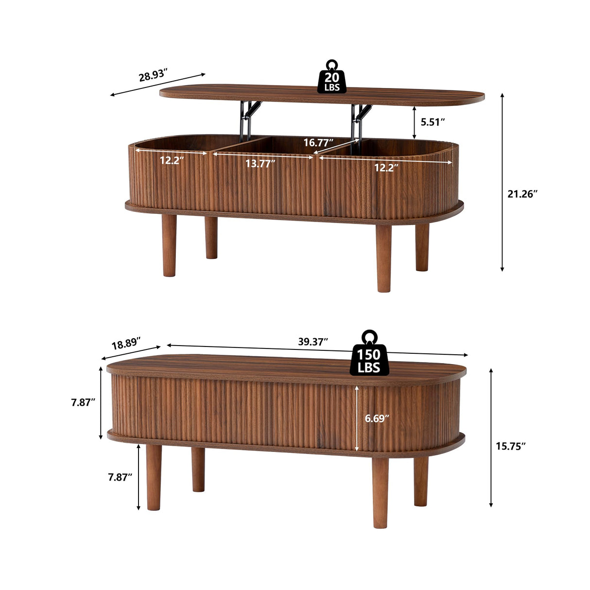 Fluted Lift Top Coffee Table with Hidden Compartment, Fully Assembled Wooden Center Table, Modern Oval Lift Tabletop for Home Living Room Office, Walnut ORRD