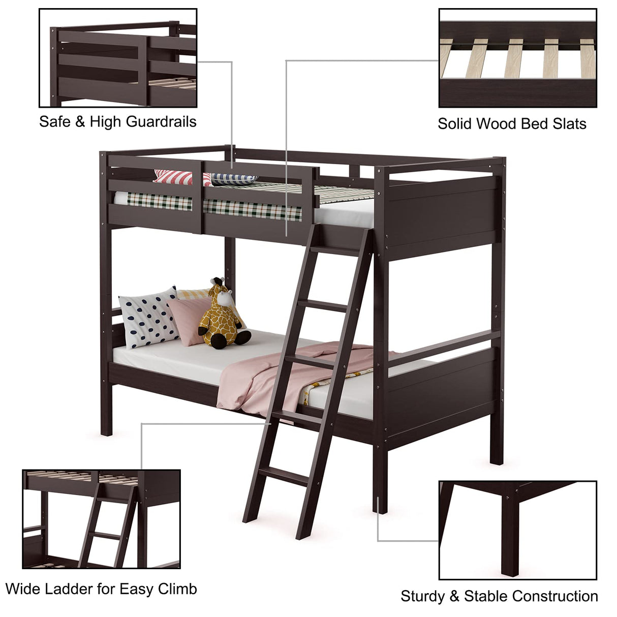 Giantex Twin Over Twin Bunk Bed, Solid Wood Twin Bunk Bed Convertible Into Two Individual Beds, Kids Twin Bunk Bed w/Ladder & Guard Rail for Boys Girls (Espresso) Giantex