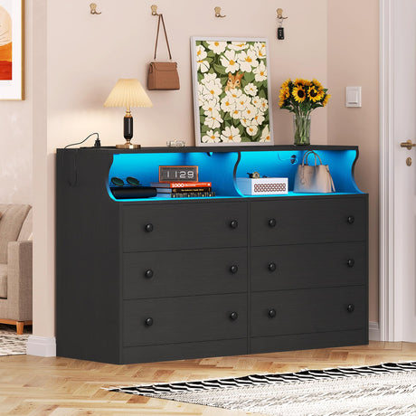Hasuit 6 Drawer Dresser with LED Lights and Charging Station, Wide Chest of 6 Drawers with Open Space, Modern Large Capacity Storage Cabinet, Black Dresser for Bedroom, Living Room, Hallway Hasuit