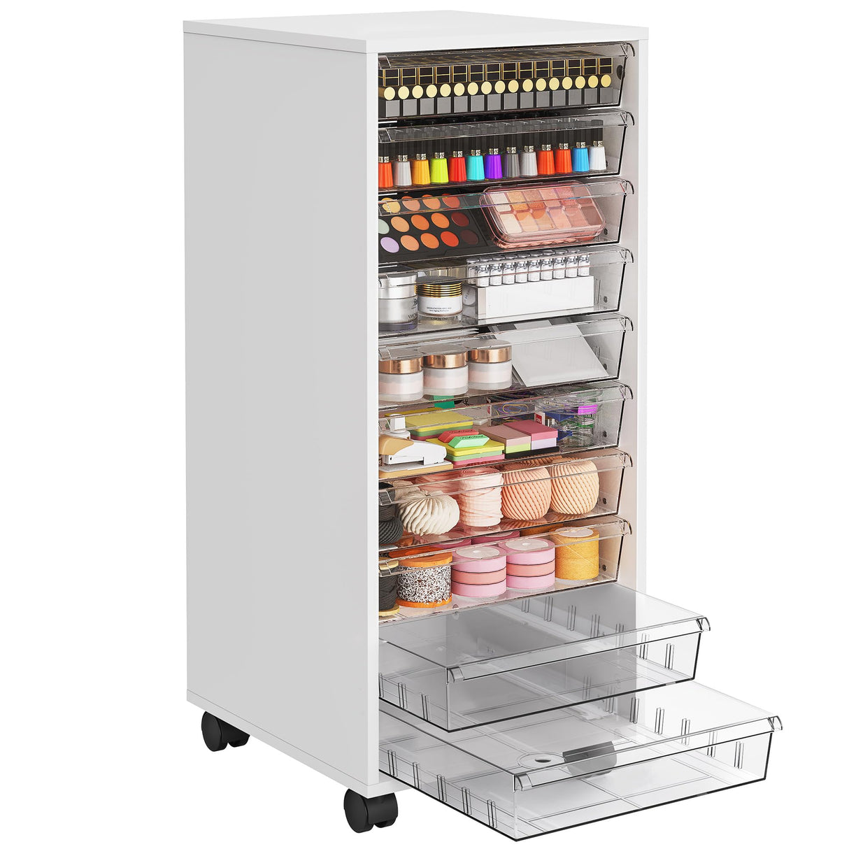 WOPITUES Plastic Storage Drawer Cart, Makeup Organizer and Storage with 10 Large Clear Drawers, Utility Wooden Rolling Cart on Wheels, for Cosmetic, Art Craft, Parts, Office Supplies, Toy, White WOPITUES
