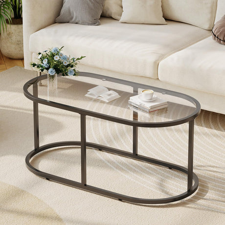 Wolawu Coffee Table Black Glass Coffee Tables for Living Room, Oval Table Center Table with Sturdy Metal Frame,Modern Tempered Glass Accent Tables for Bedroom Home Office Wolawu