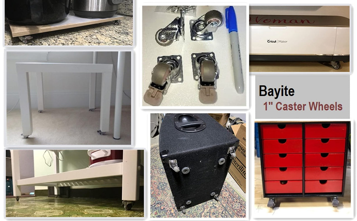 bayite 4 Pack 1" Low Profile Casters Wheels Soft Rubber Swivel Caster with 360 Degree Top Plate 100 lb Total Capacity for Set of 4 (2 with Brakes & 2 Without) bayite