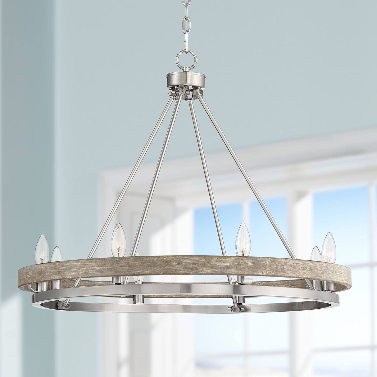 Possini Euro Design Lora Brushed Nickel Graywood Wagon Wheel Chandelier Lighting 29 1/4" Wide Farmhouse Rustic 8-Light Fixture for Dining Room Living House Home Kitchen Island Entryway Bedroom Possini Euro Design
