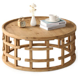 RUSTOWN Farmhouse Round Coffee Table, French Country Sofa Tables,Rustic Soild Wood Finish with Openwork Pattern and Curved Frame Base, Boho Handcrafted Wooden Coffee Table for Living Room, Natural RUSTOWN