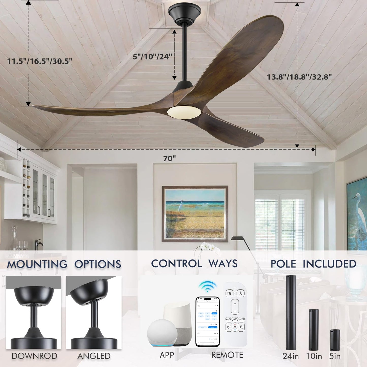 70 inch Large Ceiling Fans with Lights, Outdoor Ceiling Fans for Patios Waterproof, 3 Blades Propeller Wood Ceiling Fans, Smart Ceiling fan with Remote & APP for Indoor Exterior Porch Commercial