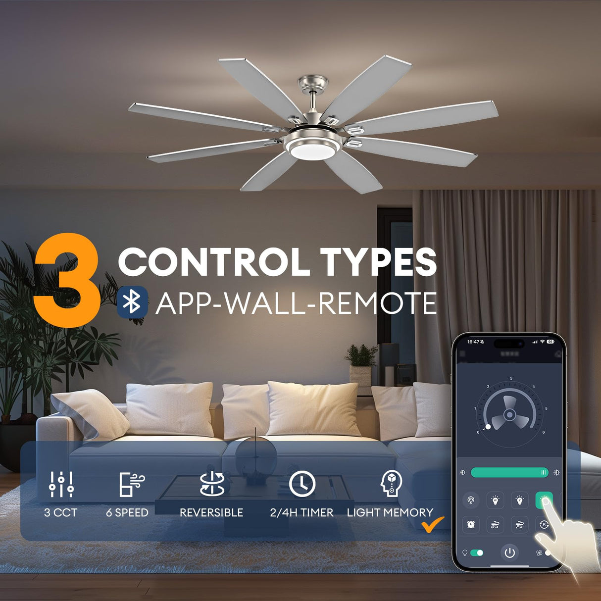 SNZ 72 Inch Large Ceiling Fans with Lights and Remote, Nickel Ceiling Fan with Quiet Reversible DC Motor, 3 CCT Dimmable LED, Modern 8 Blades Fan for Living Room, Patio, Indoor and Outdoor SNZ