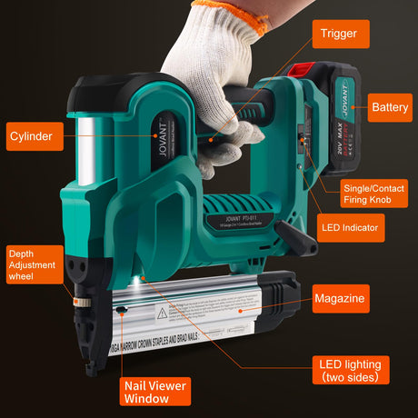 JOVANT 2 in 1 Nail Gun Battery Powered, Electric Nail Gun with 2240pcs 18 GA Nails/Staples & Nail Puller, Brad Nailer with 20V 2 * 2.0A Batteries for Home Improvement & Woodworking jovant