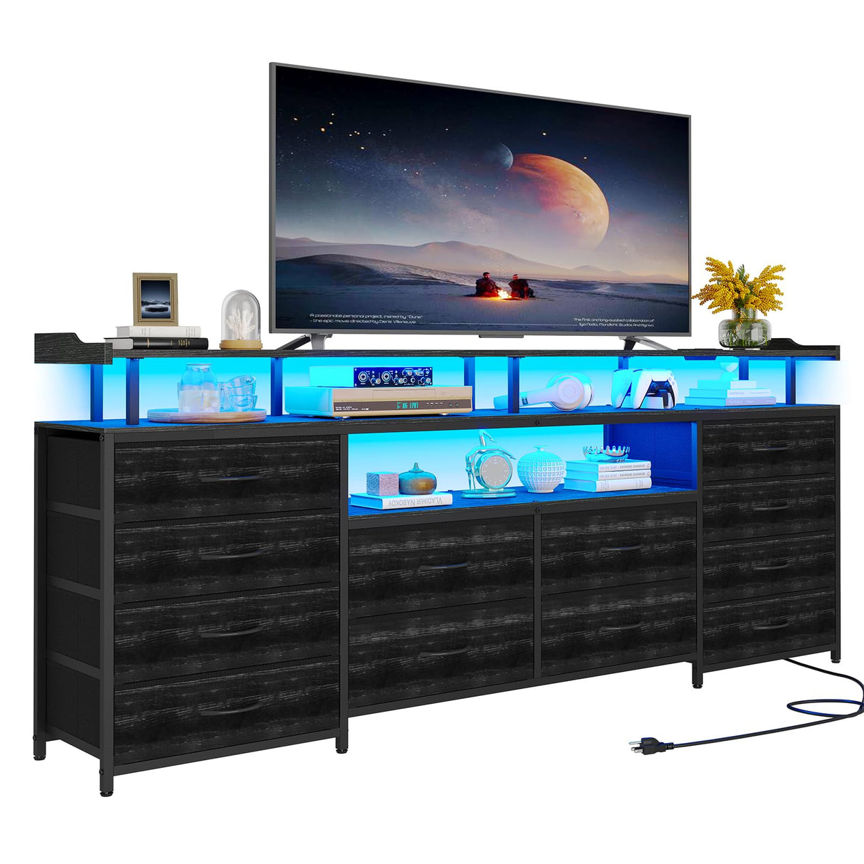 HAUOMS TV Stand & Dresser for 65 Inch TV, 63" W with LED Lights & Power Outlets, Black Long Dresser with 12 Fabric Drawers, Entertainment Center with Shelves, for Bedroom HAUOMS