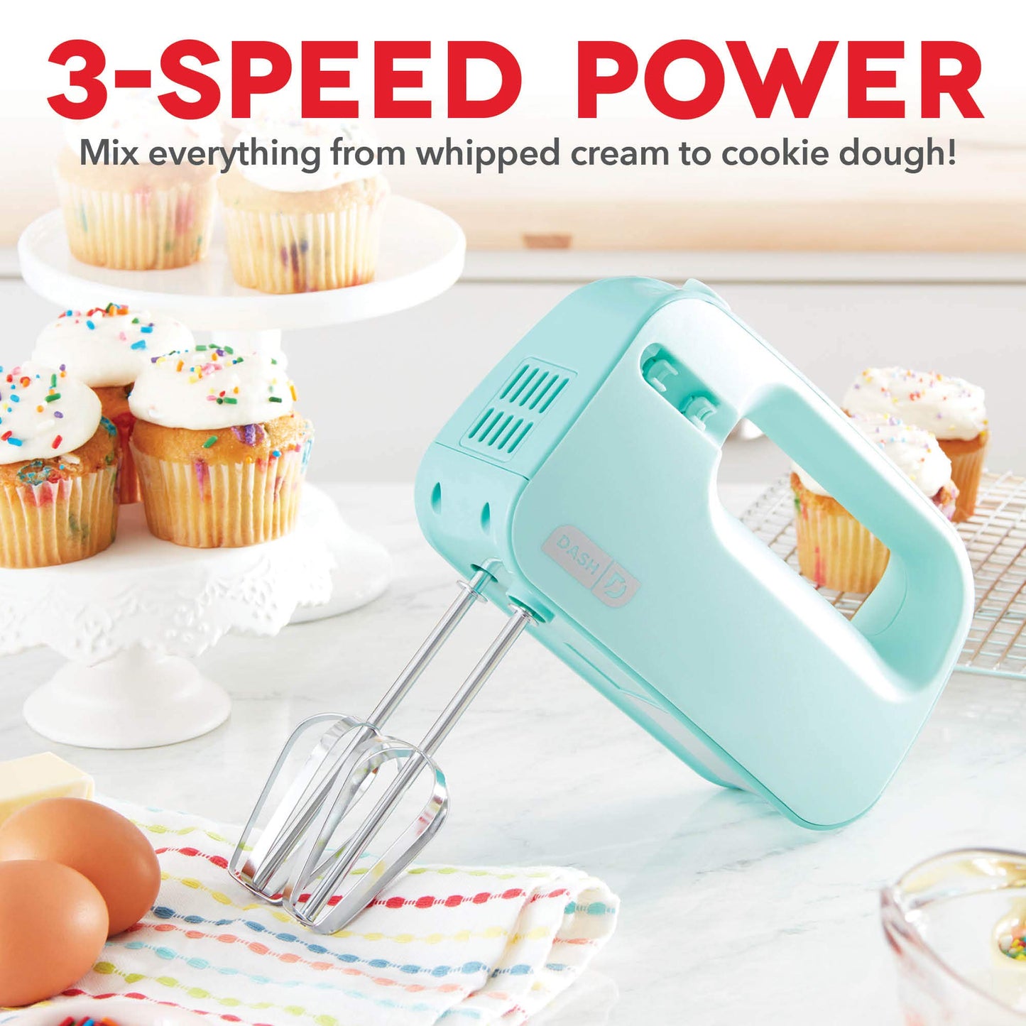 Dash SmartStore™ Deluxe Compact Electric Hand Mixer + Whisk and Milkshake Attachment for Whipping, Mixing Cookies, Brownies, Cakes, Dough, Batters, Meringues & More, 3 Speed, 150-Watt – Aqua