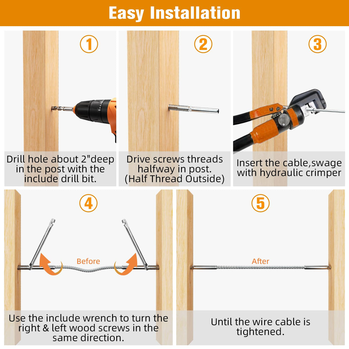 Swage Lag Screws for Cable Railing - 120 Pack T316 Stainless Steel Left and Right Handed Thread - 1/8" Cable Railing Hardware Kit for Deck Stair Wood Post Railing System CELYND