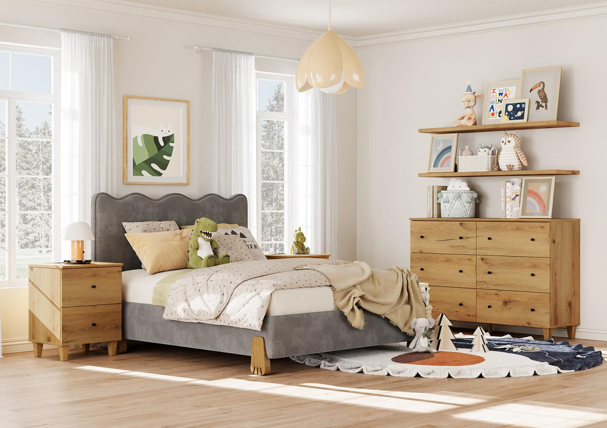 WAMPAT Nightstands with Charging Station&2 Drawers Storage Shelf, Modern End Tables Farmhouse Wood Bedside Table with 2 AC Outlets & USB Ports for Living Room, Bedroom, Oak Brown WAMPAT