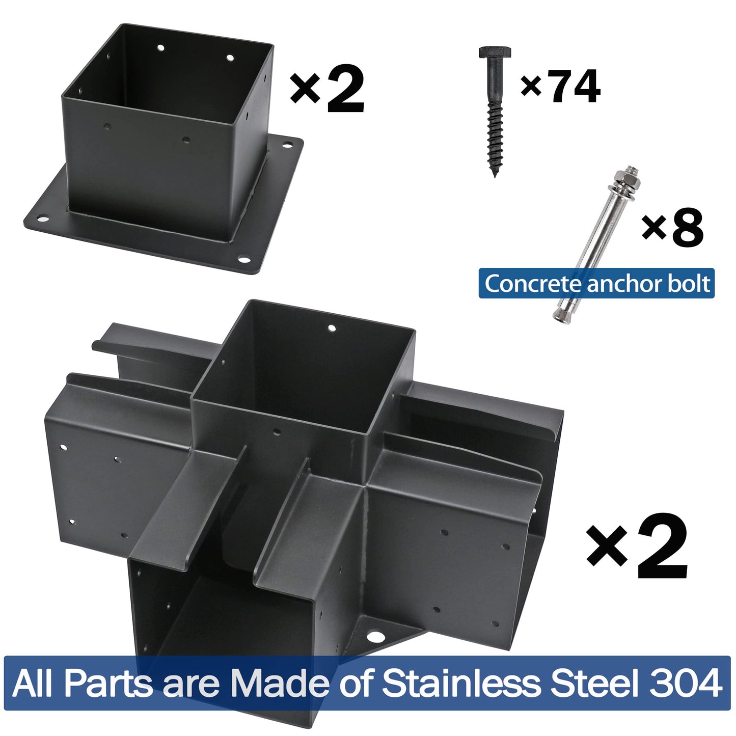 Antsky 6x6(Actual: 5.5x5.5) 4-Way Right Angle Corner Brackets with Flange Anchor Bases，Stainless Steel Pergola/Gazebo Kit Hardware(2 Pack)