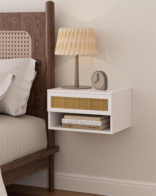 Aienvey Floating Nightstand, Small Modern Floating Nightstand with Drawer, Floating Shelves for Bedroom, Bathroom, White Rattan