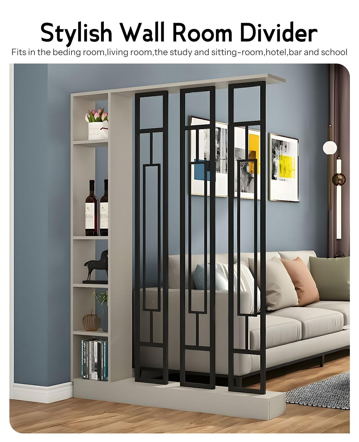 Kavie Wall Room Divider Bookshelf, Modern Wood Bookcase with Translucent Screens Storage Cabinet for Stylish Home Office Decor Display (Khaki+Black,39.5" L x 9.5" W x 79.5" H) Kavie