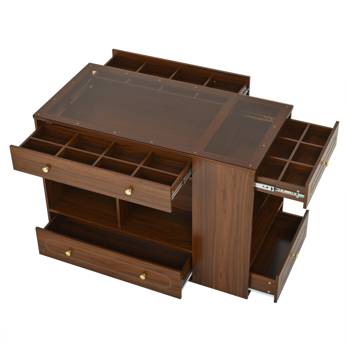 Closet Island with 6 Drawers, Wardrobe Armoire Bedroom Island with Glass Display Top and Open Shelves, Jewelry Storage Vanity Island with compartments, Walk-in Closet Island for Cloakroom (Walnut) THINK 30