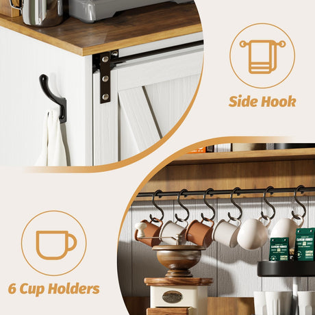 4ever2buy Farmhouse Coffee Bar Cabinet with Hutch, 47'' Kitchen Buffet Cabinet with 9 Wine Racks and 6 Hooks, Coffee Bar with Sliding Barn Door, White 4ever2buy