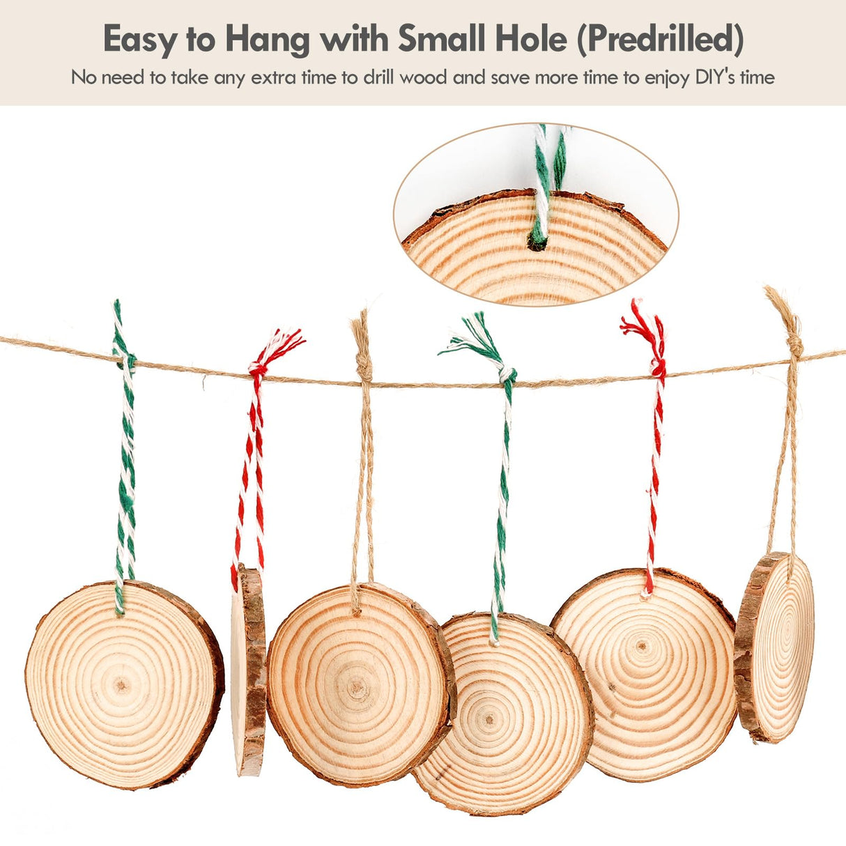 54Pcs Wood Slices, LOOFORE 2.4"-2.8" Unfinished Natural Wood Rounds with Pre-drilled Hole, Wood Slices for Wood Burning Painting DIY Crafts Christmas Ornaments Party Wedding Decor LOOFORE
