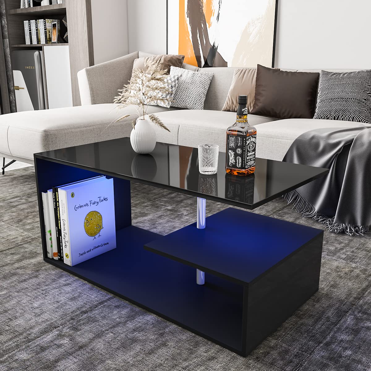 HOMMPA LED Coffee Tables for Living Room Modern Black Coffee Table with S-Shaped 3 Tiers Open Storage Shelf High Gloss Center Sofa Tea Table with LED Lights for Home Office Furniture Black 18 - WoodArtSupply