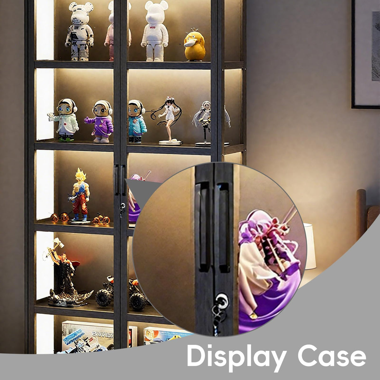 Curio Display Cabinet with Acrylic Doors, 5-Tier Bamboo Display Cases for Figurine, Curio Cabinet Toy Organizers Rack & Display Shelf for Home Office, Playroom, Living Room，Bedroom, 65in Generic