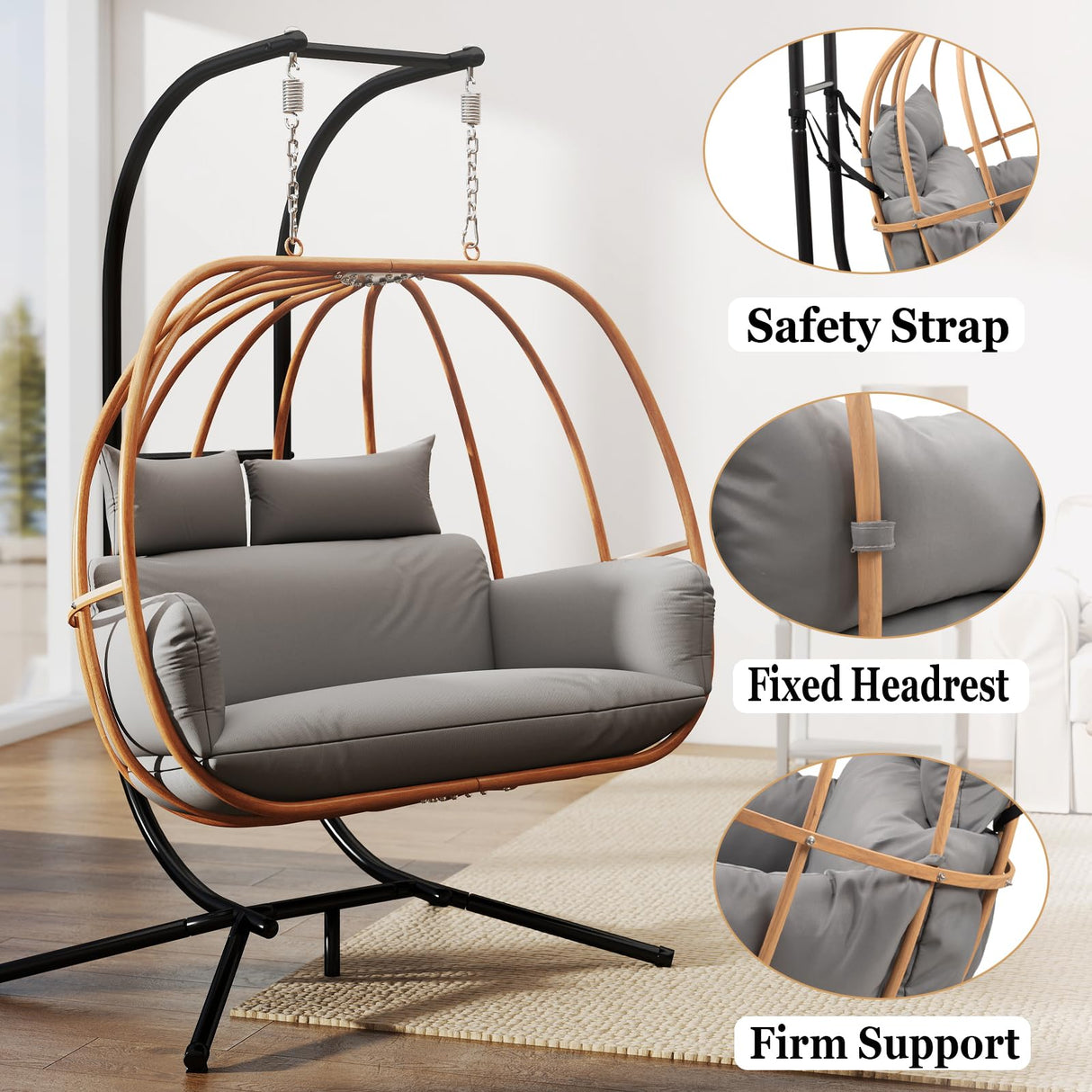 DAYAOUTDOOR Double Egg Chair with Stand, Oversized Egg Chair Outdoor, 2-Person Hanging Eggs Chairs, 600Lbs Sturdy Loveseat Swinging Chair for Balcony, Patio, Deck, Grey DAYAOUTDOOR