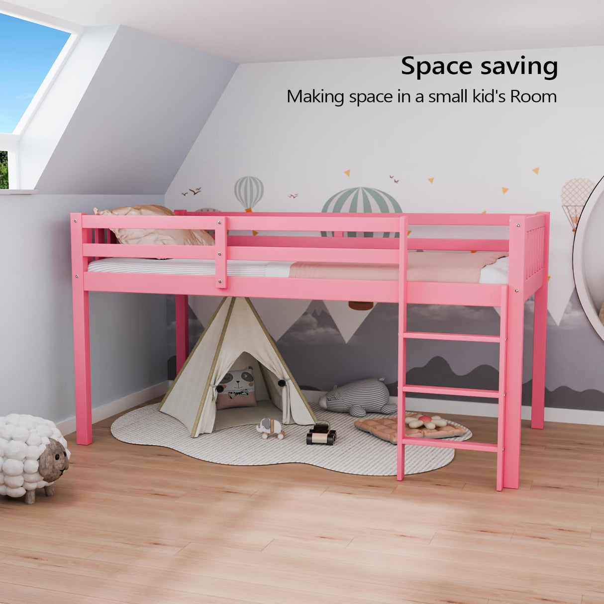 JOYMOR Low Loft Bed Twin Size with Stairs, Wooden Toddler Loft Bed for Kids, Junior，Young Teens，Pine Wood Twin Bed Frame, Space-Saving Design, No Box Spring Needed, Pink JOYMOR