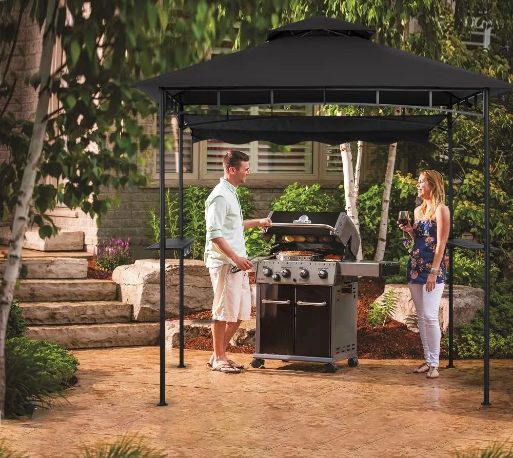 CHARMELEON Dark Grey Grill Gazebo, Double Tiered BBQ Gazebo, 5x8 Grill Canopy,Outdoor BBQ Canopy Tent with Stretchable Side Awning CHARMELEON