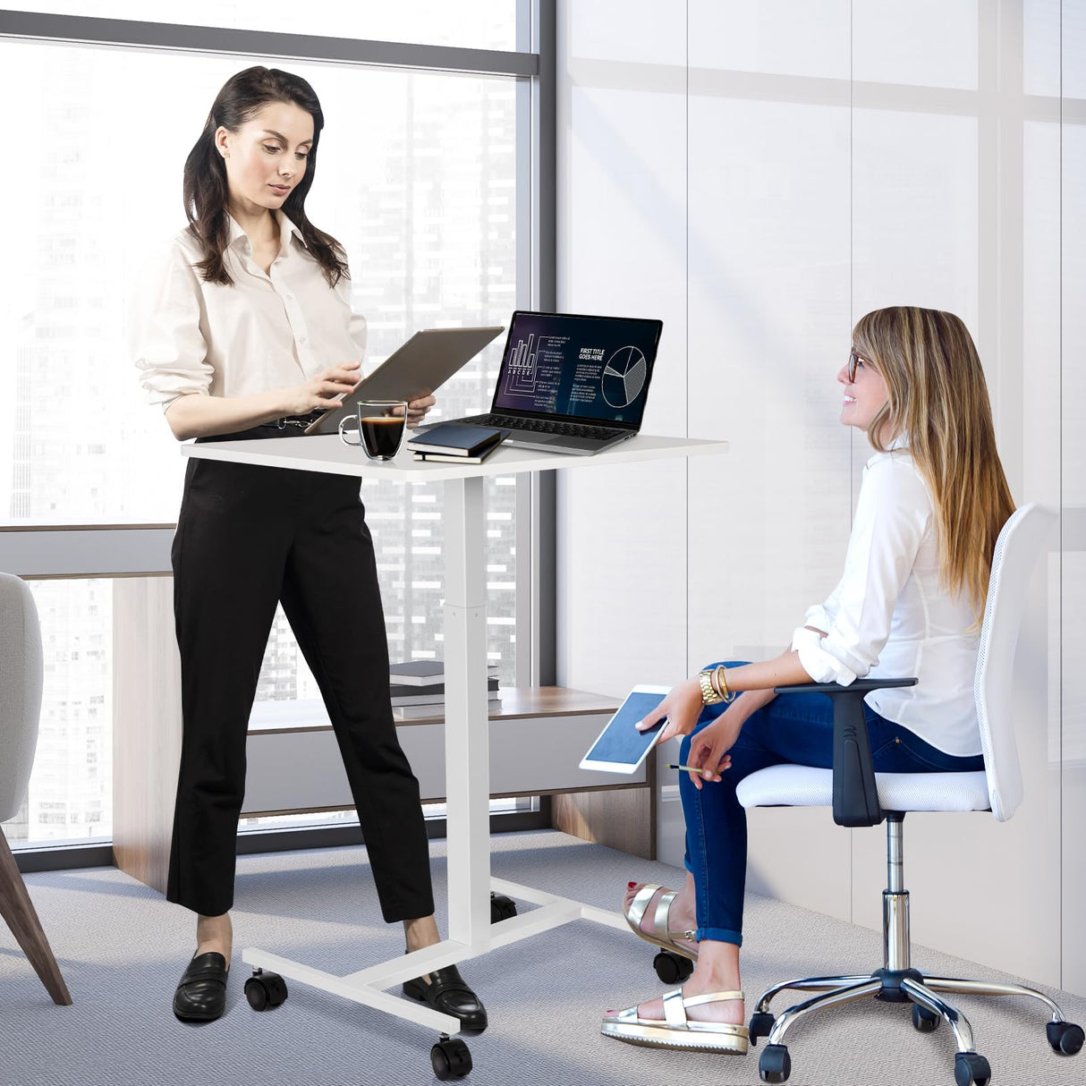 AMUSIGHT Mobile Standing Desk Adjustable Height, Sit Stand Rolling Laptop Desk with Lockable Wheels, Portable Computer Workstation for Home, Office, School (White) AMUSIGHT