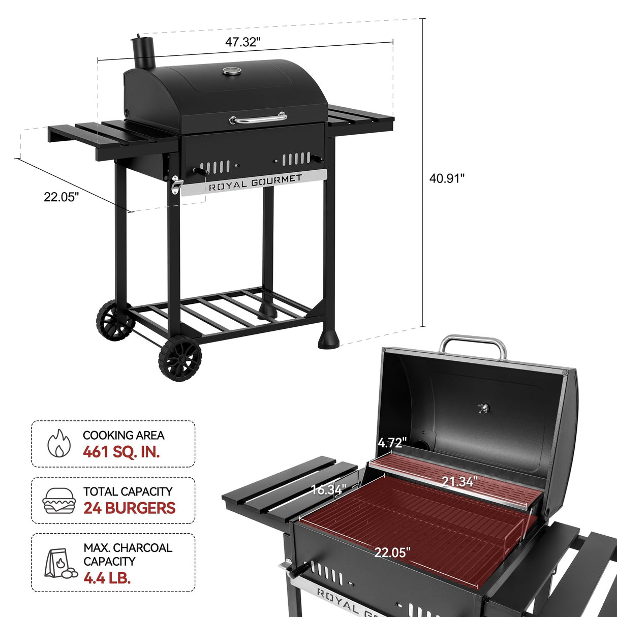 Royal Gourmet CD1824ET 24-Inch Movable Charcoal Grill with Foldable Side Tables, Outdoor BBQ Grill with 470 Sq. In. Cooking Area for Outdoor Picnic and Camping Grilling, Black Royal Gourmet