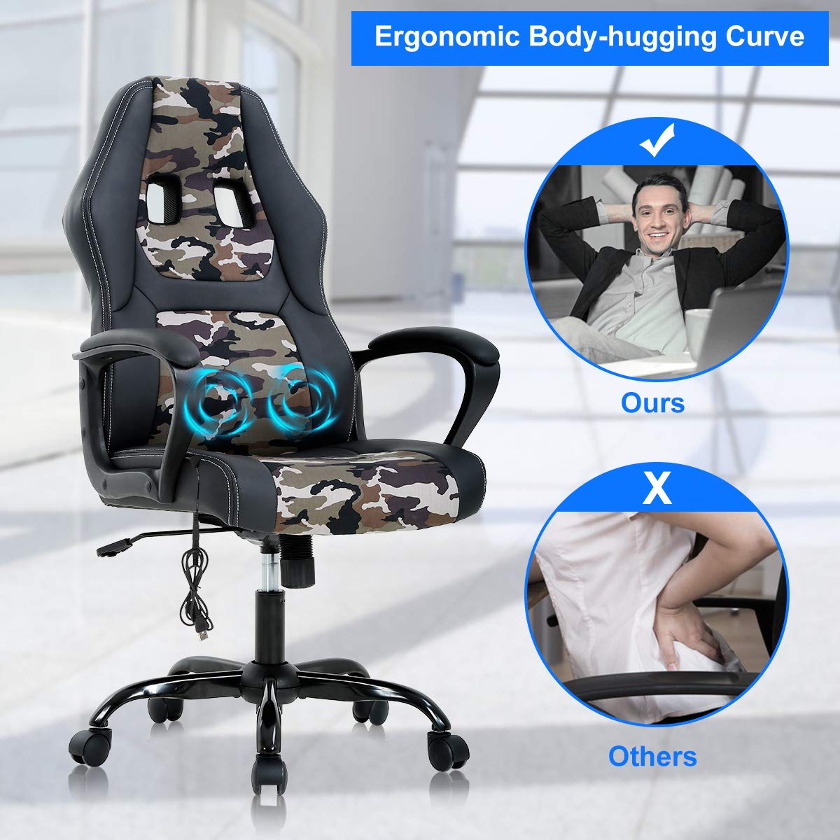 Gaming Chair Computer Chair Office Chair Ergonomic High Back Massage PC Desk Chair with Lumbar Support & Padded Armrest Racing Style Cheap Adjustable Swivel Chair for Women Men Adult, Camo Dkeli
