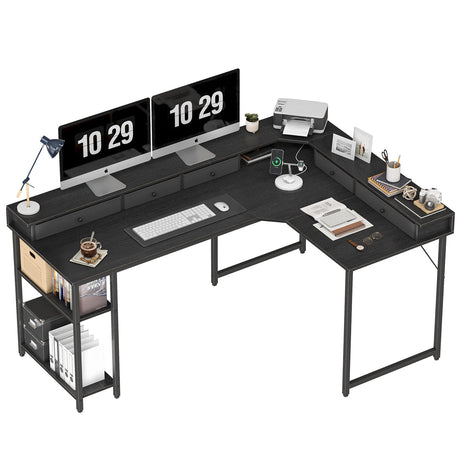 Treesland Large L Shaped Desk, 24" Deep, L Shape Computer Desk with Monitor Stands, 67" L x 47" W Home Office Desks, L Desk with Storage Shelves and 5 Drawers, Black Treesland