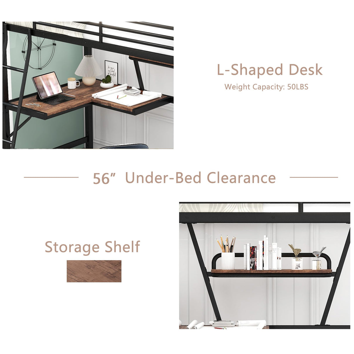 Twin Size Loft Bed with Desk and Storage Shelf, Heavy Duty Loft Bed Twin Size, Twin Loft Bed with Guardrail, Twin Loft Bed for Kids, Teens, Twin Size Loft Bed Black Bellemave