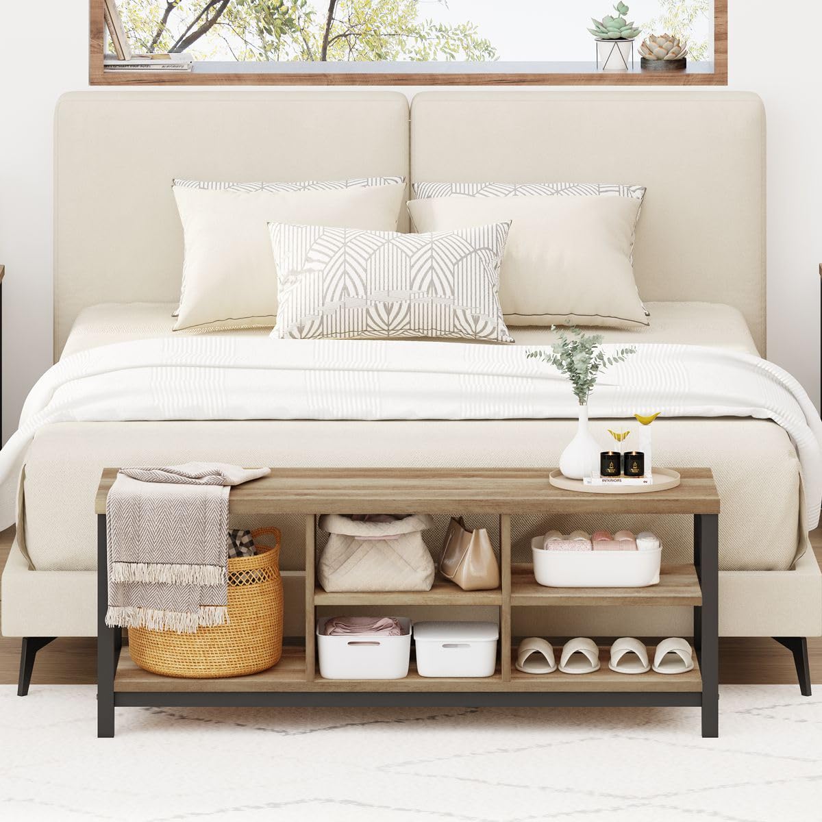 FATORRI Shoe Bench Entryway with Storage, Industrial Wood and Metal Hallway Benches with Adjustable Shelves, Rustic Entry Way Bench for Living Room (47.24 Inch Long, Rustic Oak) FATORRI