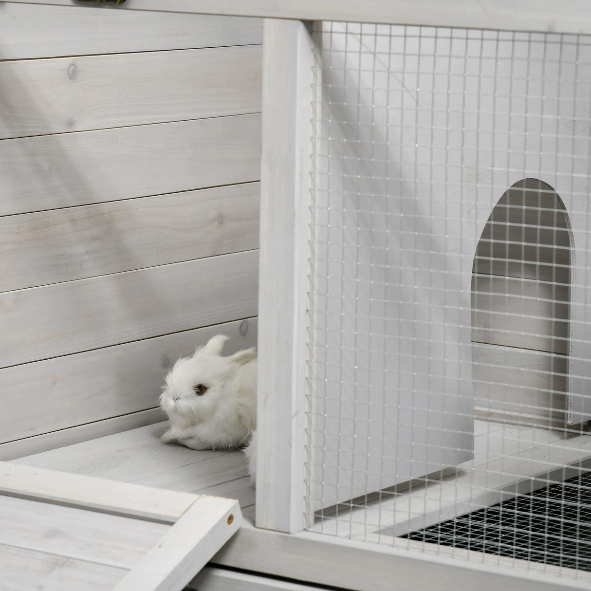 PawHut Wooden Rabbit Hutch, Bunny Cage with Wheels, Dividers, Openable Roof, Removable Trays, Small Animal Cages for 1-2 Rabbits, Indoor Outdoor Use, Light Gray PawHut