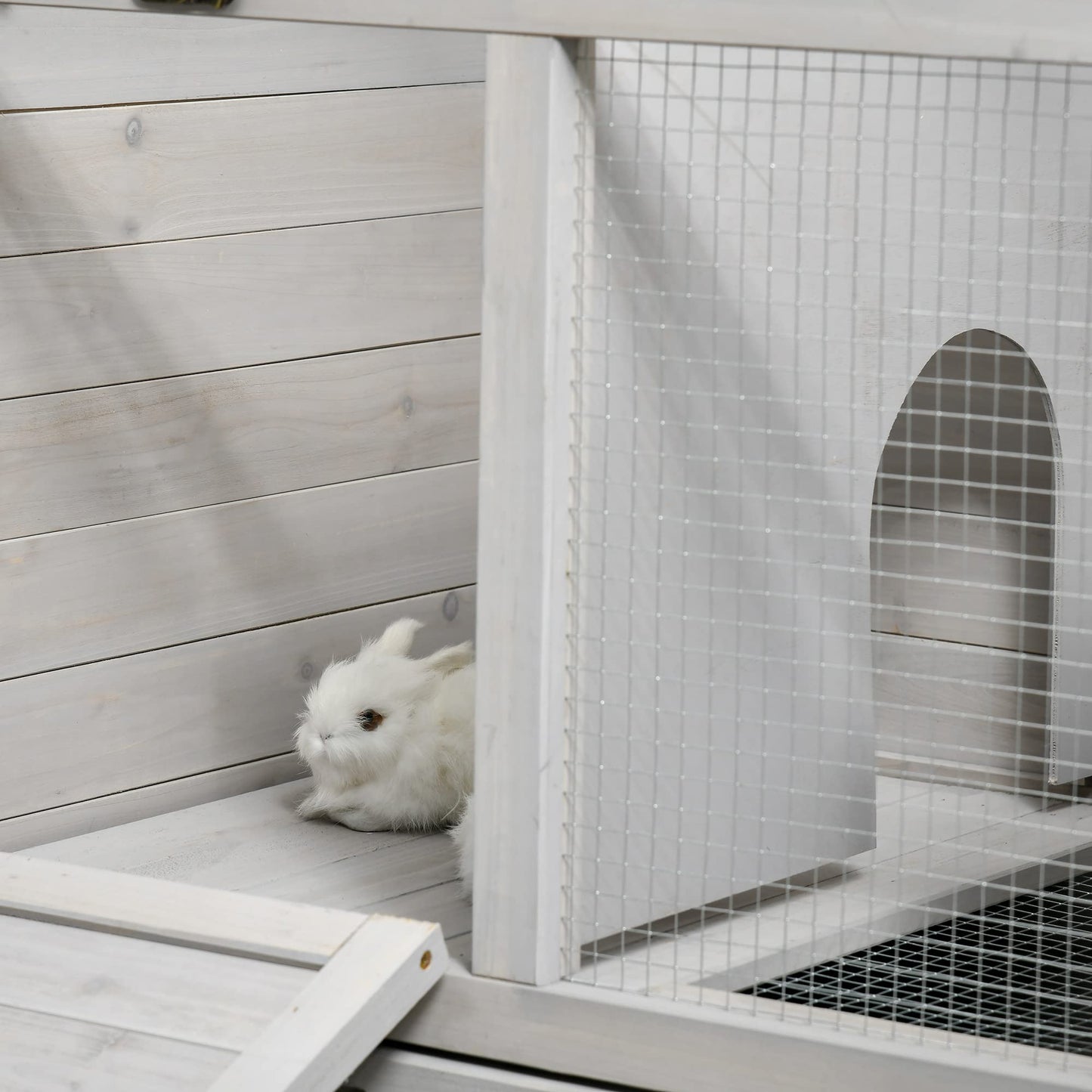 PawHut Wooden Rabbit Hutch, Bunny Cage with Wheels, Dividers, Openable Roof, Removable Trays, Small Animal Cages for 1-2 Rabbits, Indoor Outdoor Use, Light Gray - WoodArtSupply