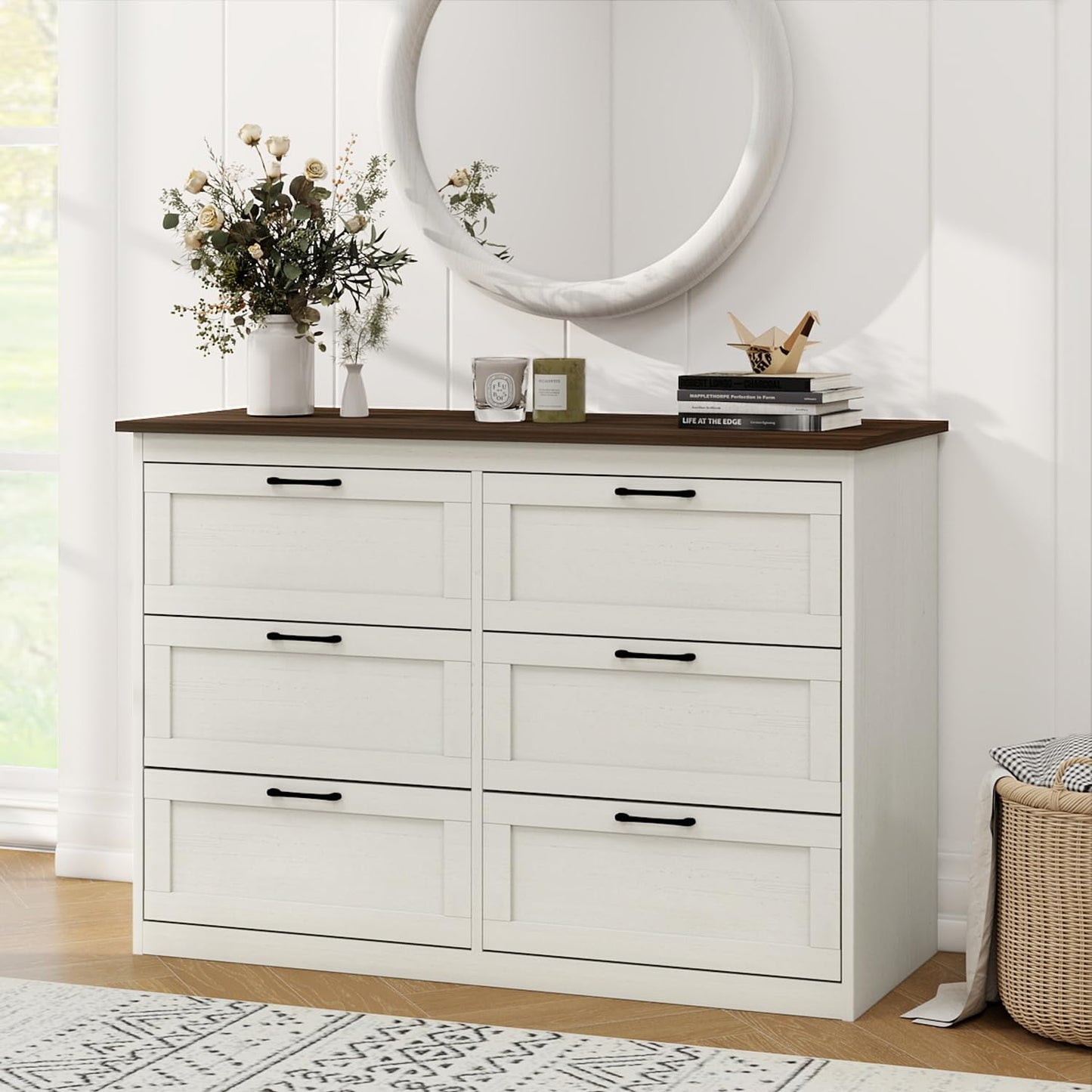 Vikiullf 6 Drawer Dresser - Farmhouse Dresser for Bedroom, Wooden Chest of Drawers, Storage Drawers for Bedroom, Living Room, Hallway, Entryway Organizer, Rust Oak White