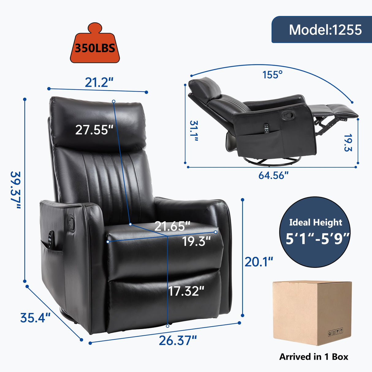 PELUMY Recliner Chair Swivel Rocking with Heat Massage - 360° Manual Recliner, 8-Point Vibrating & Lumbar Heat, Easy Assembly Chair for Living Room (Breathable Leather, Black) PELUMY
