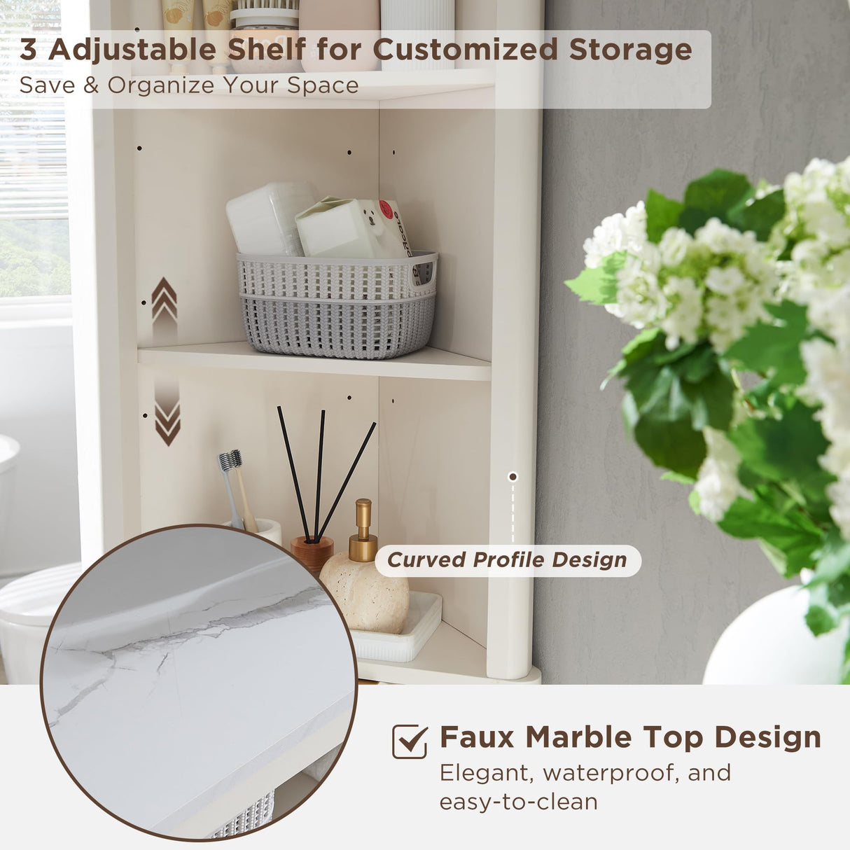 RedLemon 68" Tall Corner Cabinet, Modern Fluted Storage Cabinet with Faux Marble Top & Adjustable Shelves, Curved Profile Design, Space Saver for Bathroom, Living Room, Kitchen, Off White RedLemon