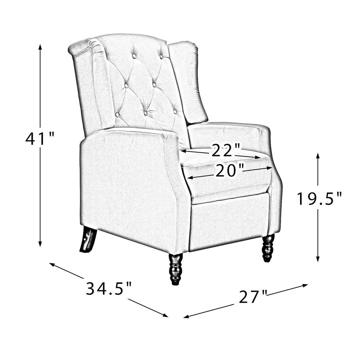 Upholstered Wingback Recliner Chair, Traditional Push Back Recliner Sofa, Mid Century Modern Lounge Armchair for Living Room, Home Theater Accent Chairs Recliners Couches (Black) TINA'S HOME