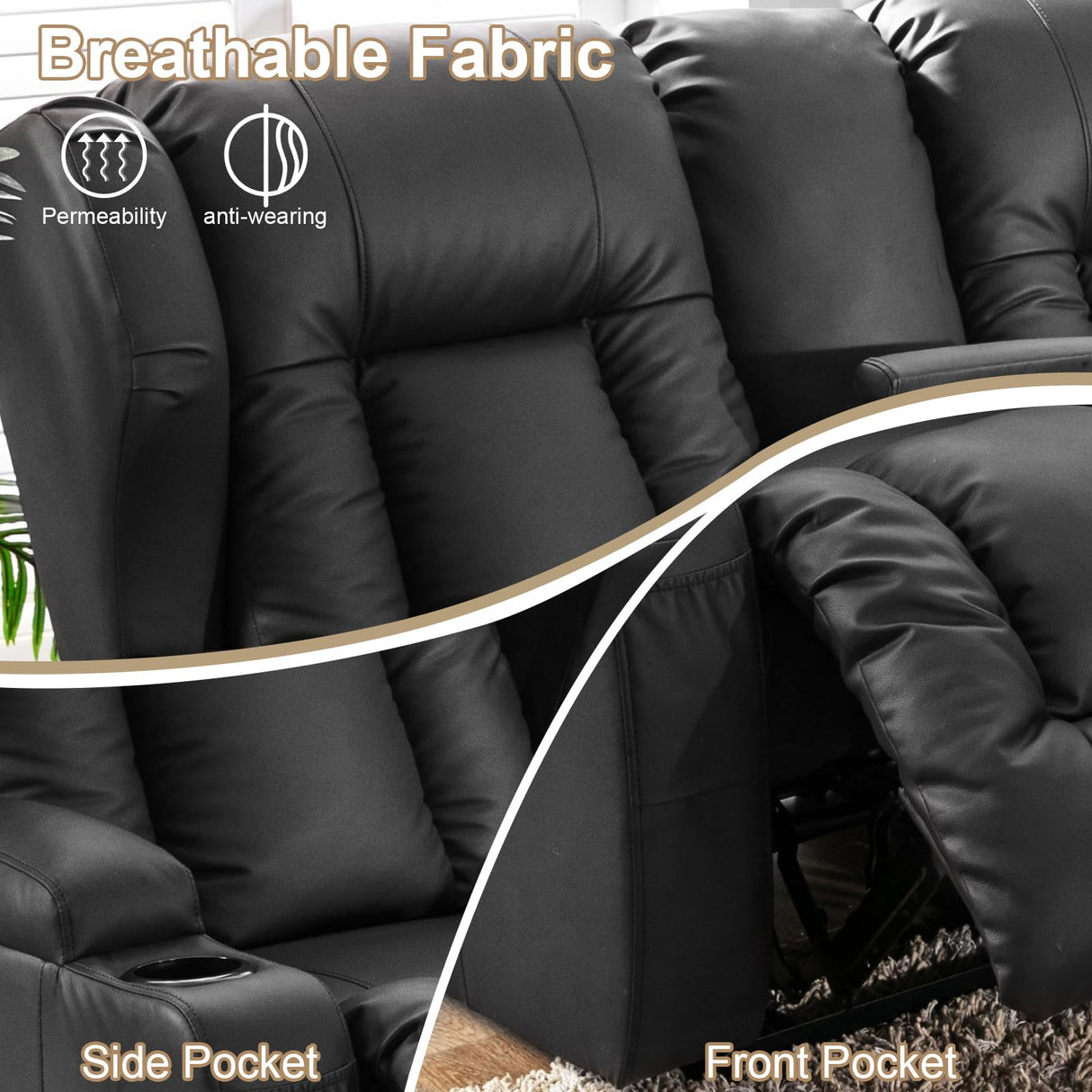 SAMERY 65.5" RV Loveseat Recliner Double Recliner RV Sofa & Console | Wall Hugger Loveseat Reclining RV | RV Theater Seats | RV Couch | RV Home Theater Seating Furniture (Faux Leather Black) SAMERY