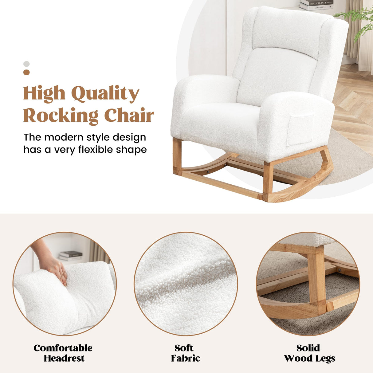 HCHAIRH Rocking Chair Nursery, Nursing Rocking Chairs for Mom Nursery, Comfy Wingback Glider Rocking Armchair with Foot Rest and Side Pocket for Nursery Living Room Bedroom, Teddy White HCHAIRH