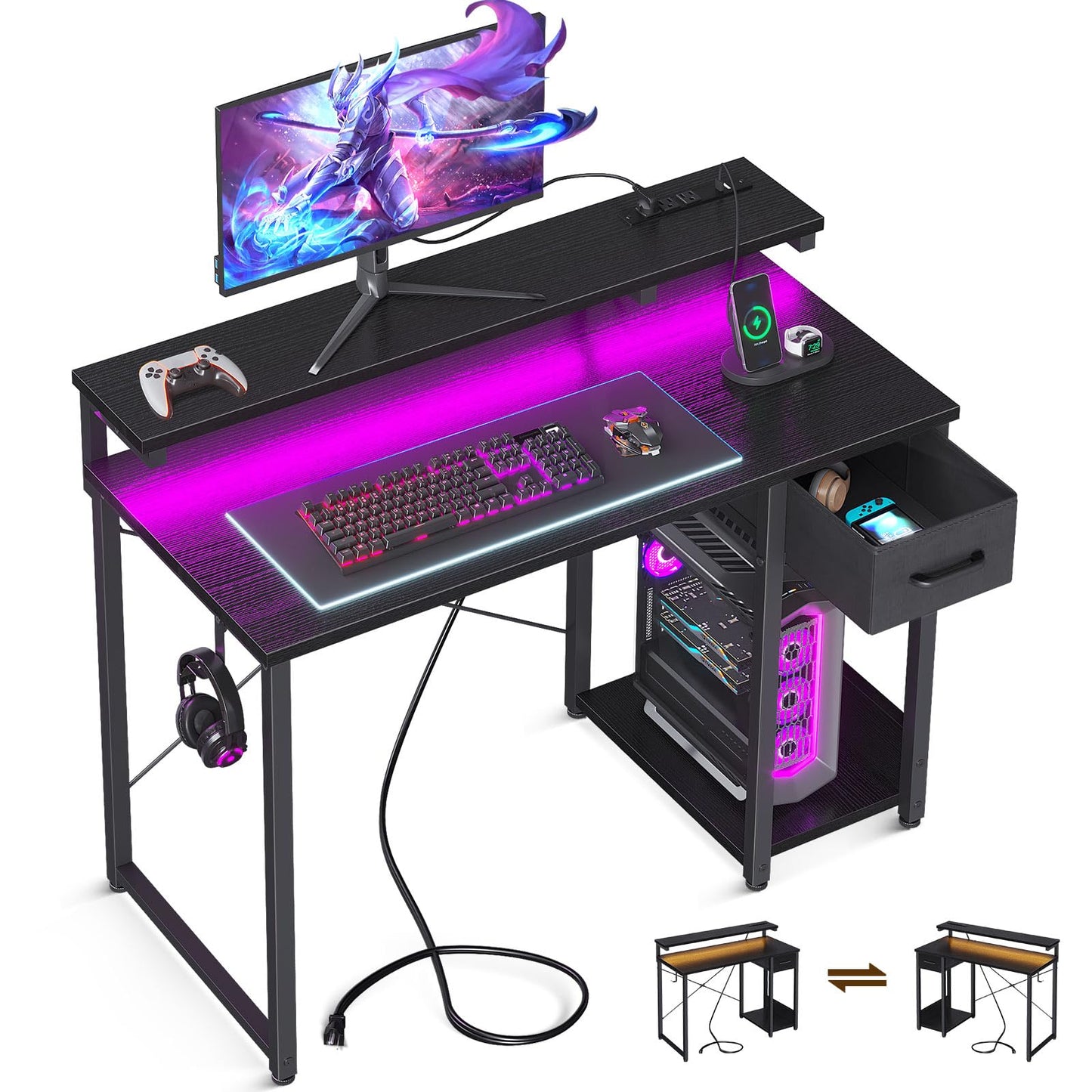 AODK Gaming Desk with LED Lights & Power Outlet, 40 Inch Computer Desk with Drawer, Reversible Desk with Adjustable Monitor Shelf & Headphone Hook for Home Office, Black - WoodArtSupply