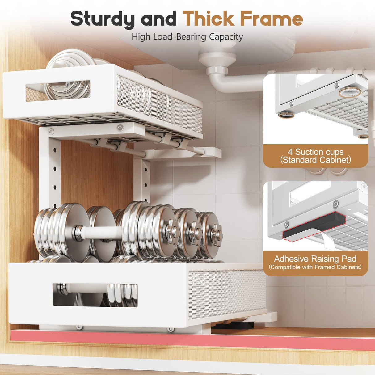 2-Pack Under Sink Storage Organizer, Large 2-Tier Elegant Mesh Pull Out Shelf for Kitchen and Bathroom Cabinet Organization, L-Shaped and Adjustable Height Design for Maximum Space Efficiency-White Biboraya