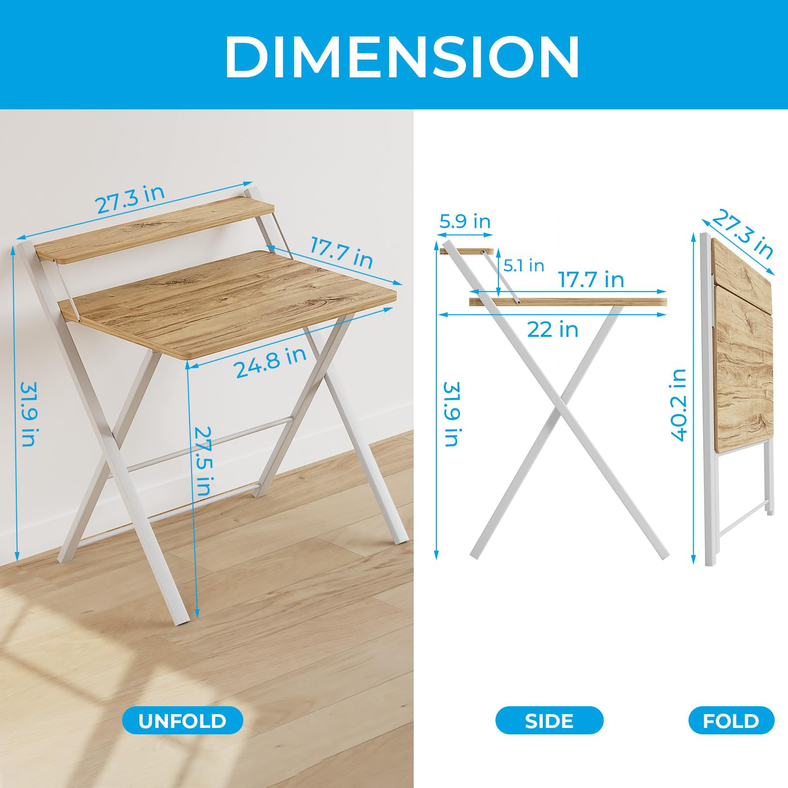 GreenForest Folding Desk No Assembly Required Small Size, 2-Tier Foldable Computer Desk with Shelf for Home Office, Space Saving Portable Laptop Study Foldable Table for Small Spaces, Oak - WoodArtSupply