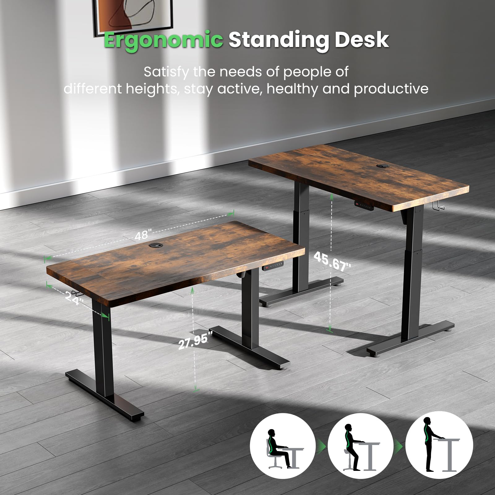 SIAGO Electric Standing Desk Adjustable - 48 x 24 Inch Sit Stand up Desk with Cable Management - 3 Memory Preset Adjustable Height Desk Computer Home Office Desk - WoodArtSupply