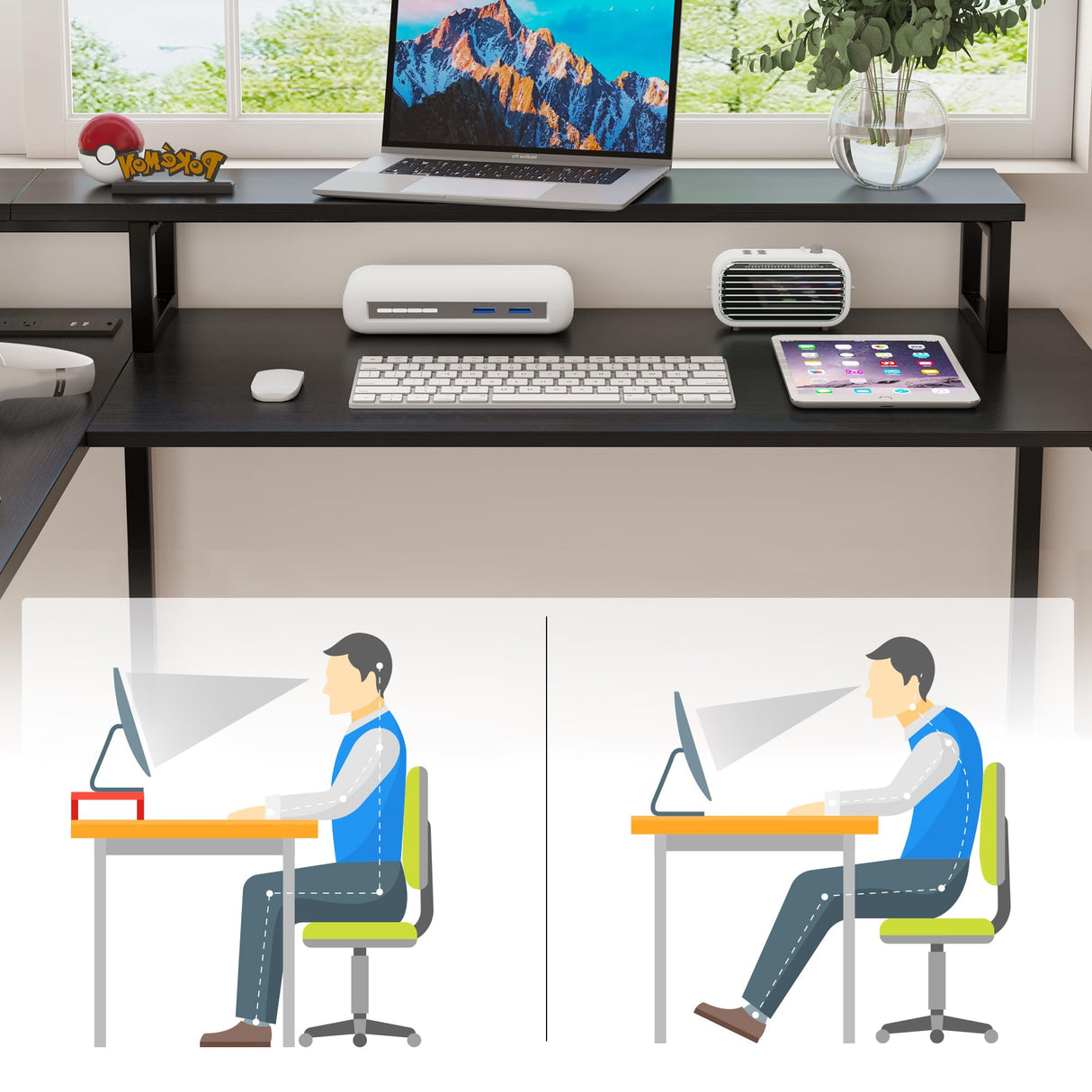 MUTUN Two Person Desk, 83.7 Inch Computer Office Double Desk with Monitor Stand and Power Outlets, Rustic Writing Desk Workstation with Shelves, Long Desk for Home Office, Black MUTUN