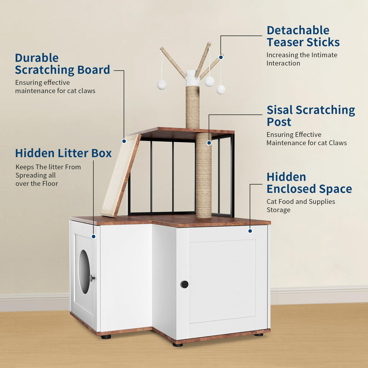 Cat Tree Litter Box Enclosure Hidden Litterbox, Large Tall Cat Tower for Indoor Cats Large Adult, 2 in 1 Multi Level 48.8 Inch Wooden Furniture with Scratching Post, Hanging Balls for Pets Attracoast