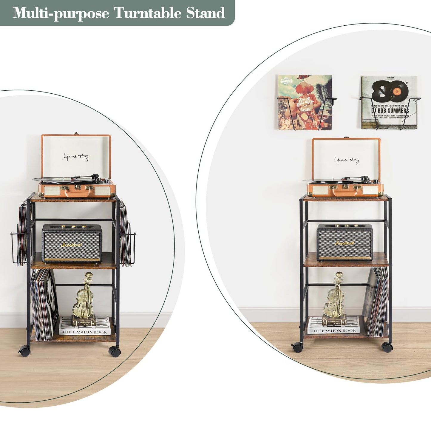 Record Player Stand, Side Table with Vinyl Record Storage Vinyl Wall Mount Record Player Table Up to 150 Albums Record Holder for Vinyl Storage, Turntable Stand with Vinyl Display Record Wall Display