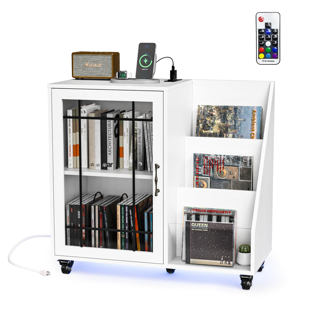 VINGLI Large Record Player Stand with Display Area, Turntable Stand with Storage, Vinyl Record Holder Up to 350 Albums, Record Player Table with LED Lights ＆ Charging Station for Music Room, White VINGLI