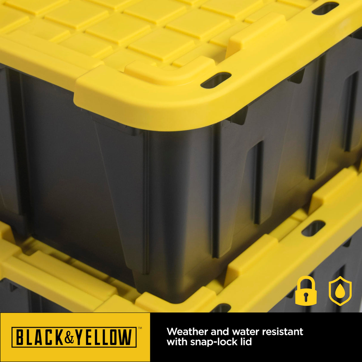 CX BLACK & YELLOW, 27-Gallon Heavy Duty Tough Storage Container & Snap-Tight Lid, (14.3"H x 20.6"W x 30.6"D), Weather-Resistant Design and Stackable Organization Tote [4 Pack] CX