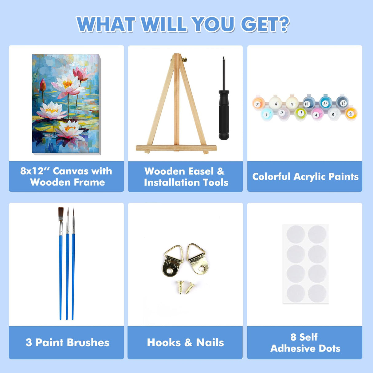 Bowetile Framed Paint by Numbers for Adults Beginners with Wooden Easel, Flowers Lotus Adults' Paint-by-Number Kits on Canvas, Easy DIY Acrylic Number Painting for Home Decor Birthday Gifts, 8x12in Bowetile